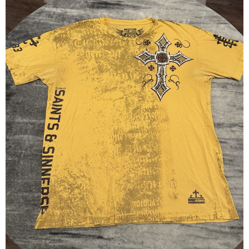 Raw State Shirt Mens 2XL Yellow Cross Celtic Graphic Tee Christian Gothic !